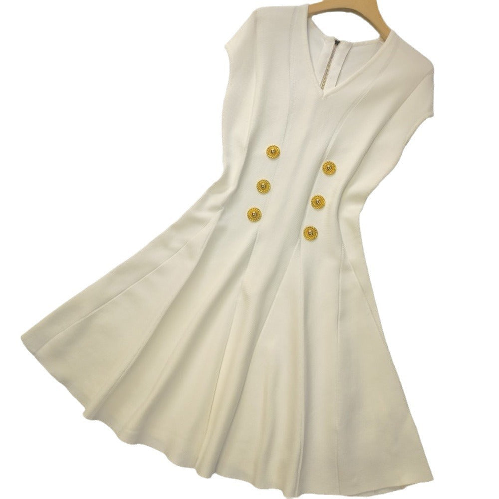 Raglan sleeves V-neck metal buckle high waist zippered knit dress trendy eprolo