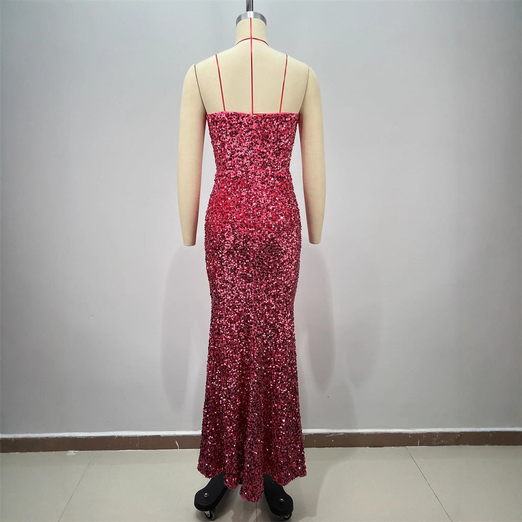 Sexy Sequined Sleeveless Halter Heavy Work Fitted Slimming Red Carpet Party Performance Gathering Dress eprolo