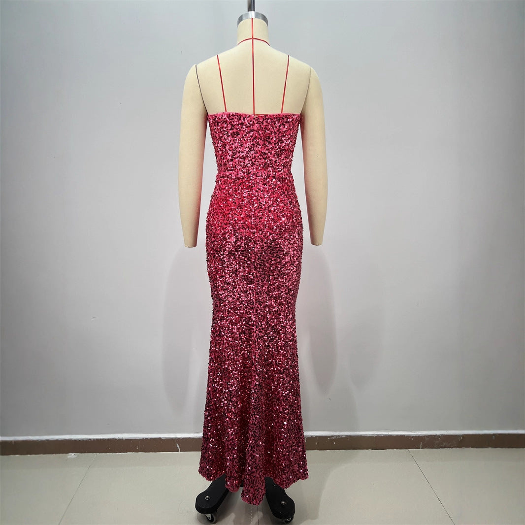 Sexy Sequined Sleeveless Halter Heavy Work Fitted Slimming Red Carpet Party Performance Gathering Dress eprolo