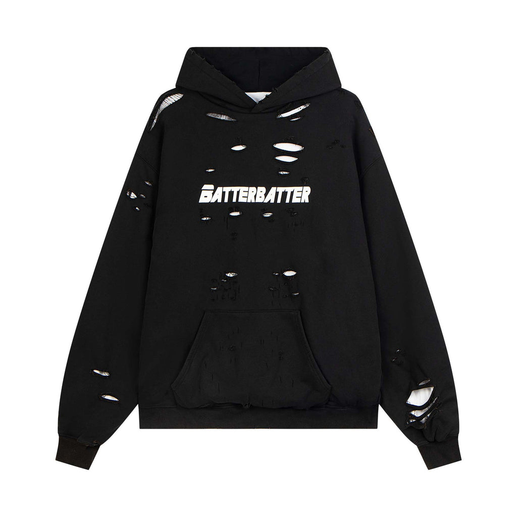 Washed Distressed Hole Letter Print Hoodie Unisex  Loose Casual Hip Hop Sweatshirt eprolo