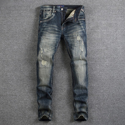 Retro Design Fashion Mens Jeans High Quality Nostalgia Wash Slim Fit Denim Ripped Jeans For Men Brand Streetwear Biker Jeans eprolo