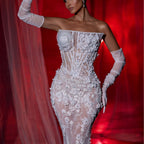 High-Quality Fashion Design Strapless Floral Decorated Boned Casual Long Mesh Bodycon Dress eprolo