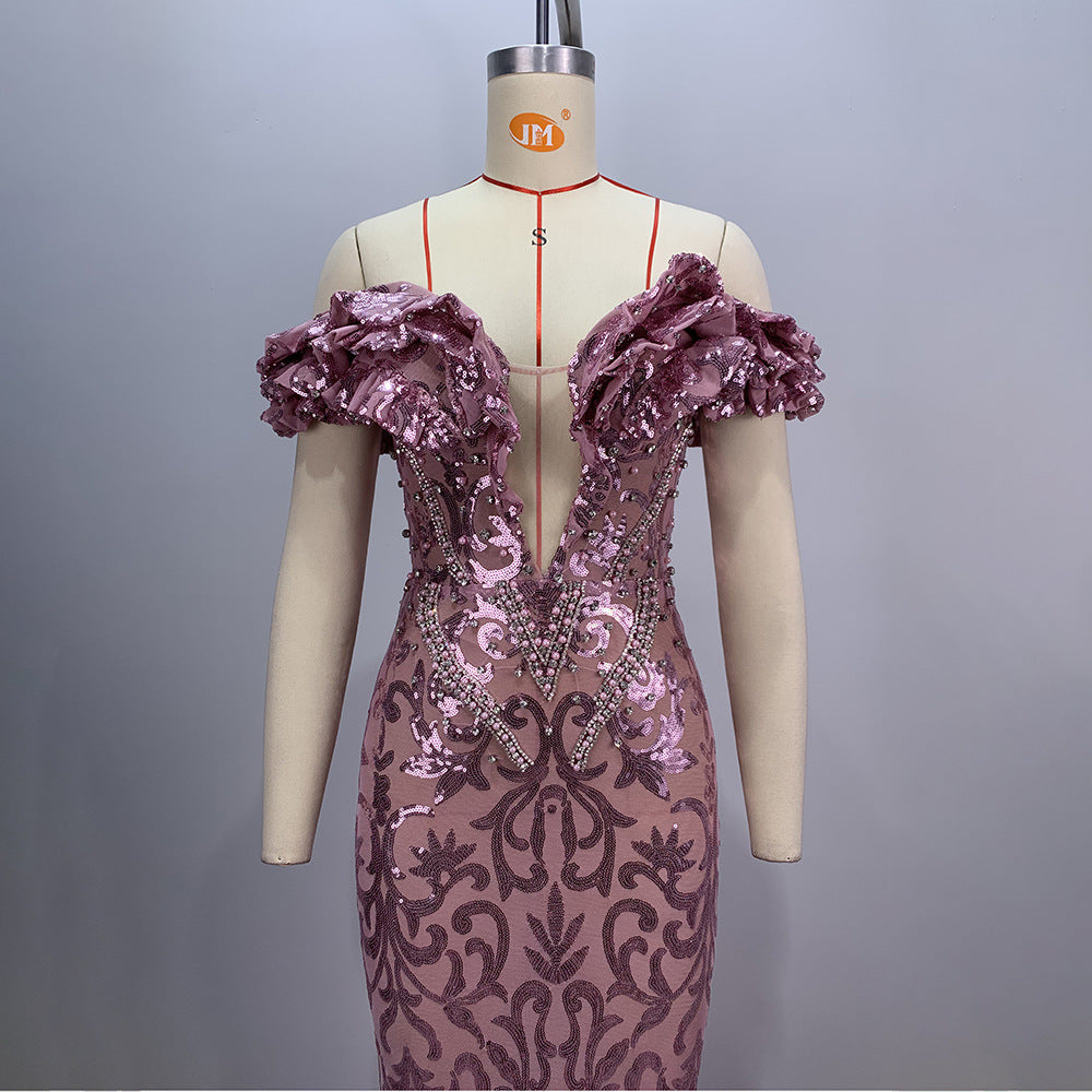 European and American style pink sexy and charming mesh evening dress eprolo