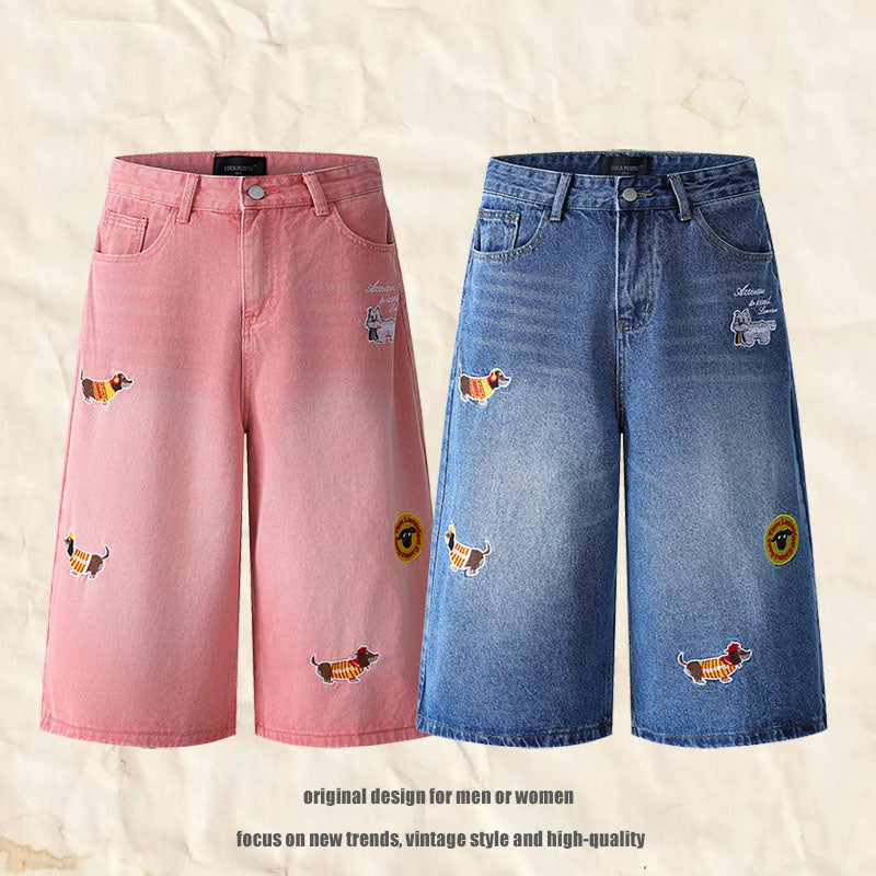 Jeans with Dog Applique Embroidery, Loose Straight Leg Denim Pants for Men and Women eprolo