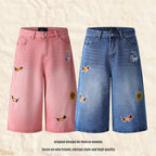 Jeans with Dog Applique Embroidery, Loose Straight Leg Denim Pants for Men and Women eprolo