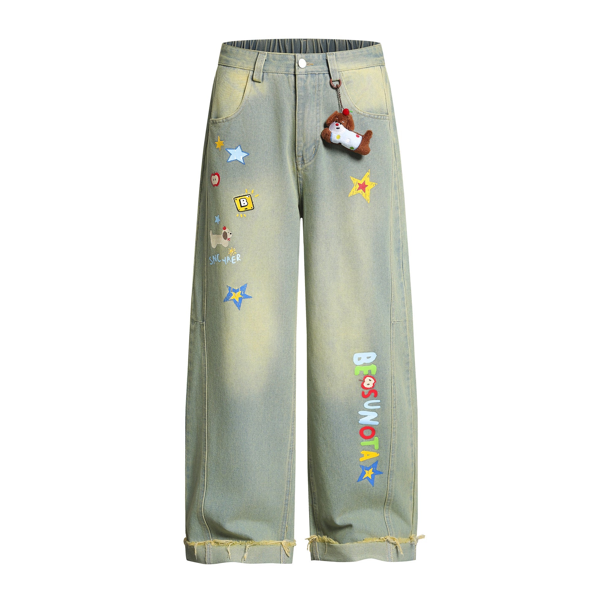 Retro Fun Graffiti Print Straight Jeans with Detachable Dog Pendant Wide Leg Pants for Men and Women eprolo