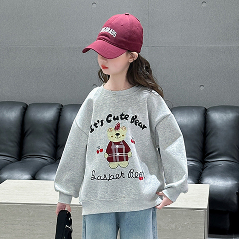 Girls' Autumn/Winter Simple Korean-Style Hoodie Round Neck Fleece-Lined Thickened Base LayerPure Cotton Top Trendy Kids Clothing eprolo