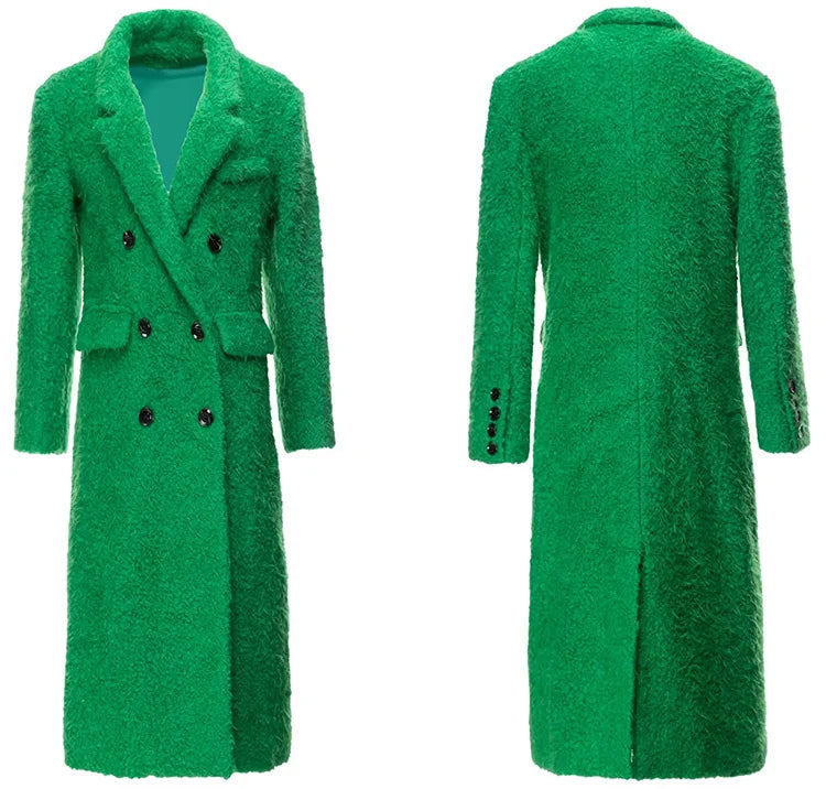 Autumn Winter Wool Blends Green Overcoat For Women Long Sleeve Pockets Double Breasted Vintage Outwear eprolo