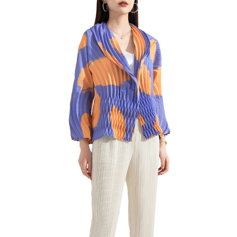 High-end pleated fashionable printed small jacket for women with hand-pleated suit collar eprolo