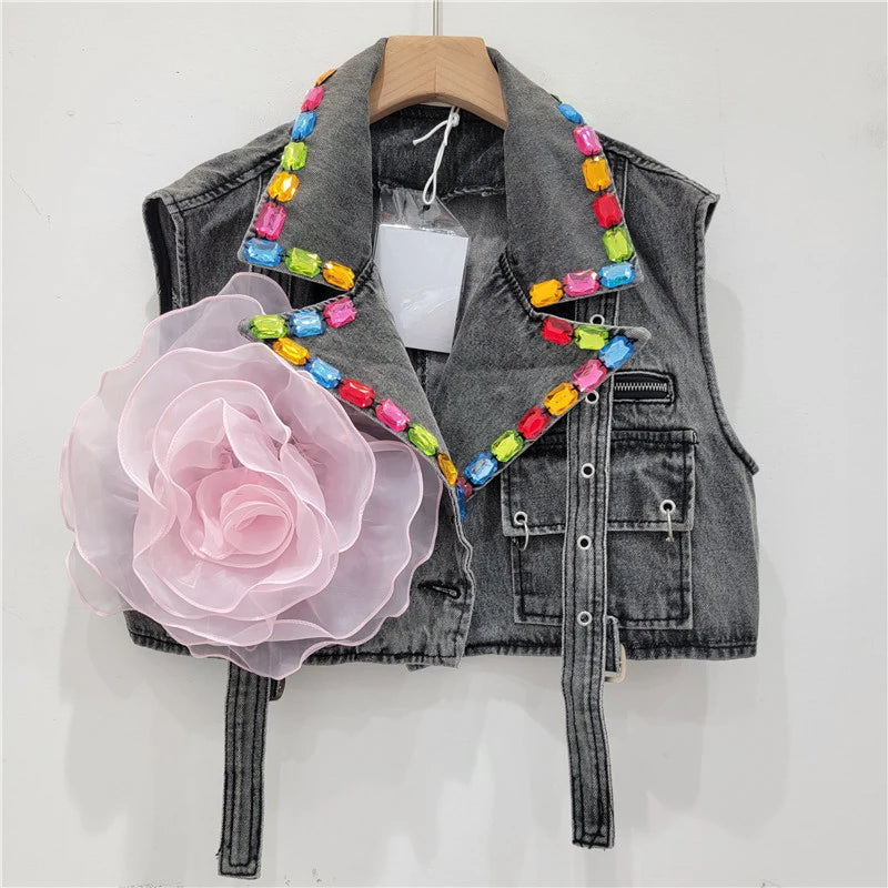 Suit collar ribbon flower denim vest women's vest eprolo