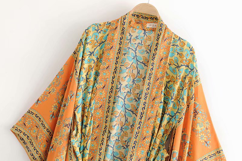 Spring/Summer Women's New Positioning Print Ankle Kimono Robe Yellow eprolo
