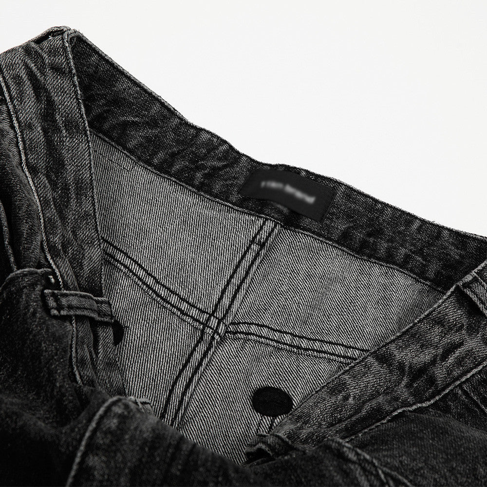 Washed Vintage Denim Trousers Punk Street Style Deconstructed Design Loose Fit Straight Leg Pants for Men eprolo