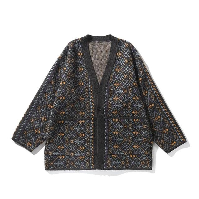 Men Vintage Jacquard Knit Taoist Robe Sweater Cardigan Sweatercoat Japanese Streetwear Loose Causal Knitted Sweater Jacket Men eprolo