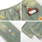 Retro Fun Graffiti Print Straight Jeans with Detachable Dog Pendant Wide Leg Pants for Men and Women eprolo