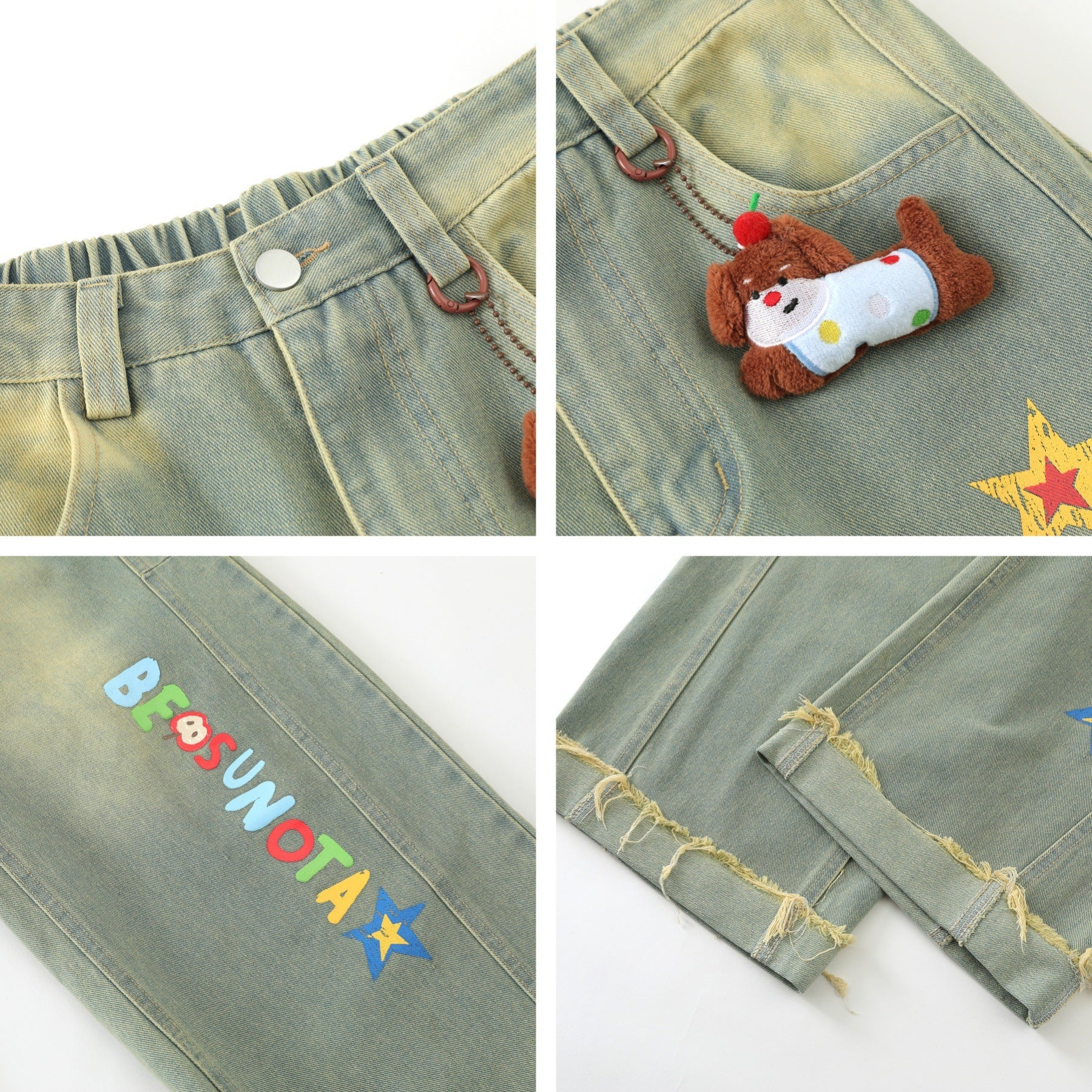 Retro Fun Graffiti Print Straight Jeans with Detachable Dog Pendant Wide Leg Pants for Men and Women eprolo
