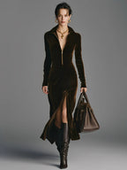 Autumn and Winter Women's Velvet Gorgeous Collar Zipper Front slit Long Dress eprolo