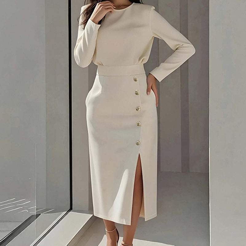 Elegant Style Round Neck Solid Color Dress Long Dress for Women eprolo