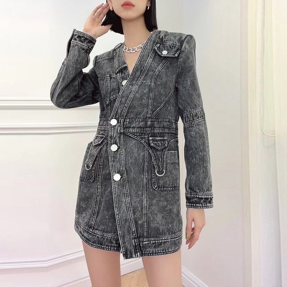Denim Slim Dress For Women V Neck Long Sleeve High Waist Solid Mini Dresses Female Autumn Clothing Style New eprolo