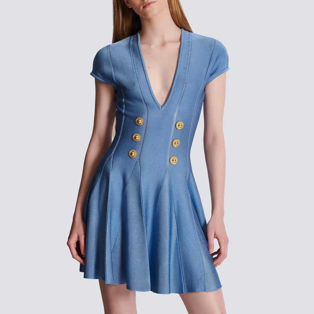 Raglan sleeves V-neck metal buckle high waist zippered knit dress trendy eprolo