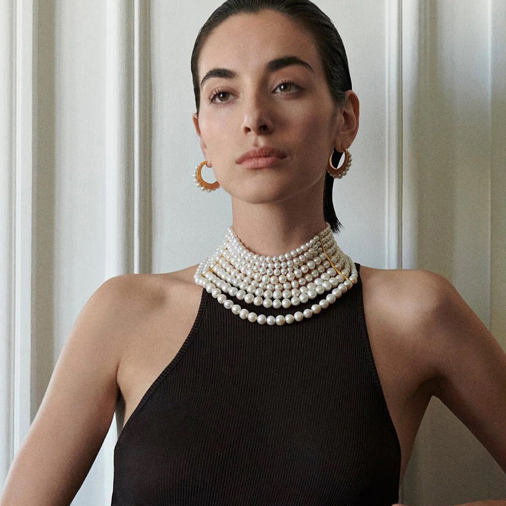 Vintage handmade multi-layer glass pearl choker exaggerated necklace eprolo