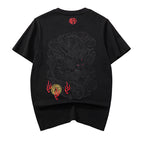 Black thread embroidery dragon pattern short sleeved T-shirt round neck pure cotton breathable top for men's fashion eprolo