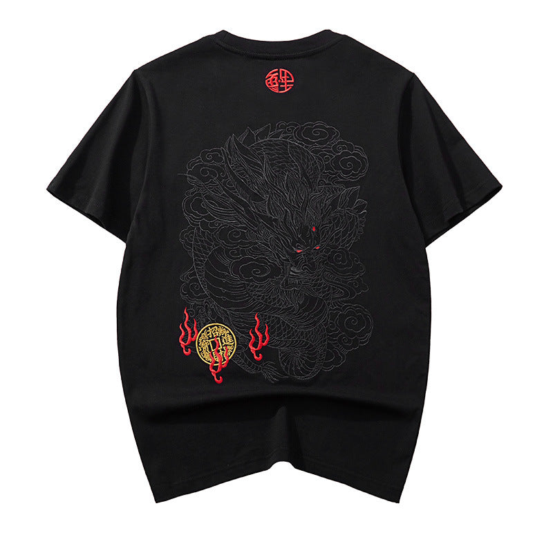 Black thread embroidery dragon pattern short sleeved T-shirt round neck pure cotton breathable top for men's fashion eprolo