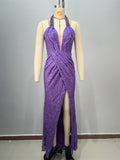 Sexy Women's Backless Off-the-Shoulder Sequined Casual Pleated Long Fitted Party Dress eprolo