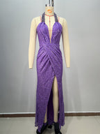 Sexy Women's Backless Off-the-Shoulder Sequined Casual Pleated Long Fitted Party Dress eprolo