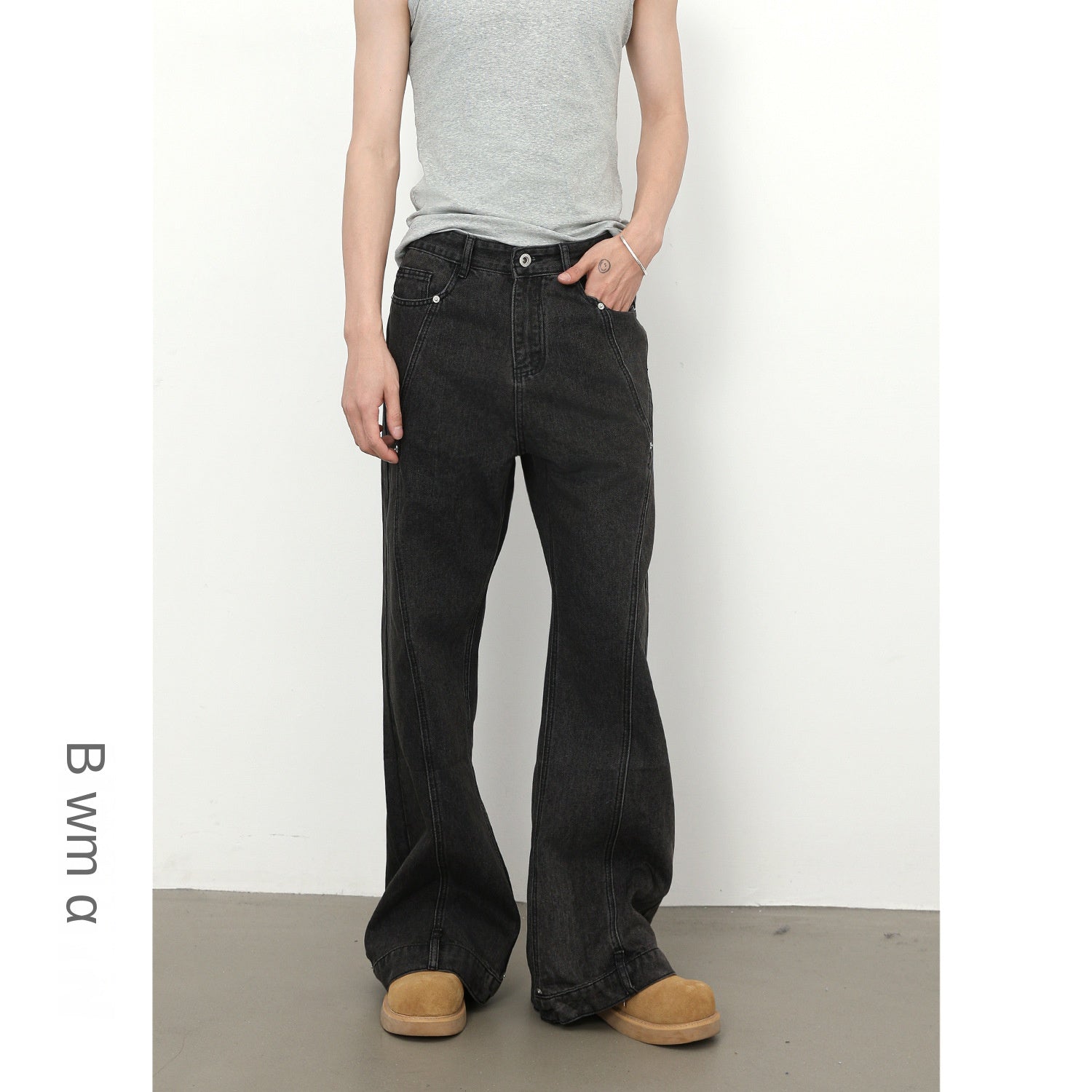 Retro Spliced Beaded Denim Trousers for Men with Loose Flared Straight Leg Design eprolo