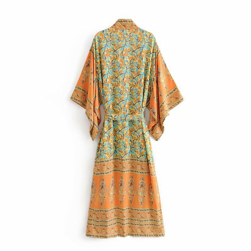 Spring/Summer Women's New Positioning Print Ankle Kimono Robe Yellow eprolo