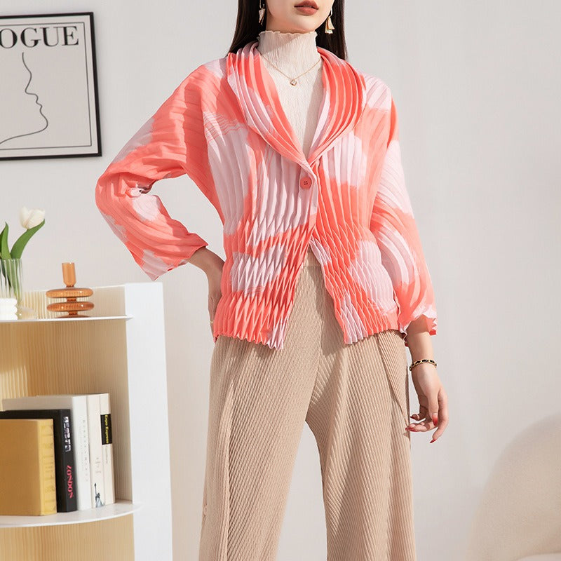 High-end pleated fashionable printed small jacket for women with hand-pleated suit collar eprolo