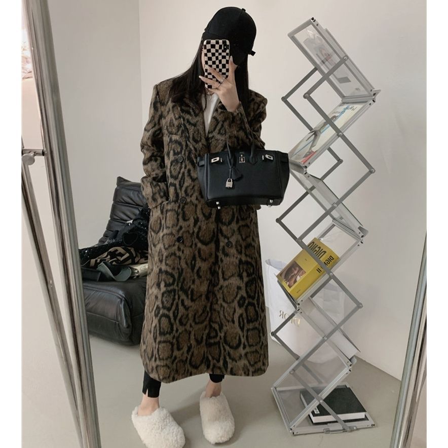 Nerazzurri Autumn Winter Long Loose Casual Leopard Print Woolen Coat Men eprolo