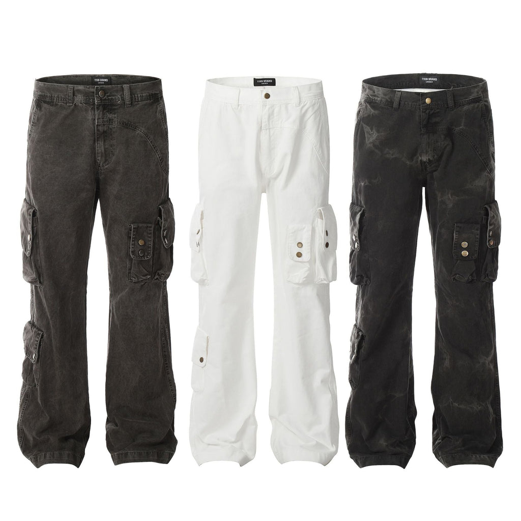 Heavyweight Multi-Pocket Tie-Dye Design Denim Trousers Straight Leg for Men and Women eprolo