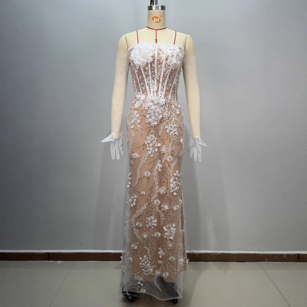 High-Quality Fashion Design Strapless Floral Decorated Boned Casual Long Mesh Bodycon Dress eprolo