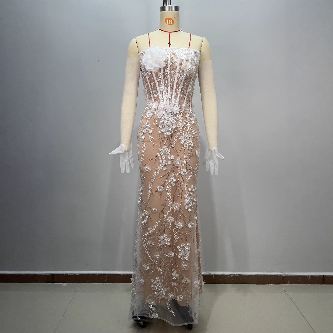 High-Quality Fashion Design Strapless Floral Decorated Boned Casual Long Mesh Bodycon Dress eprolo
