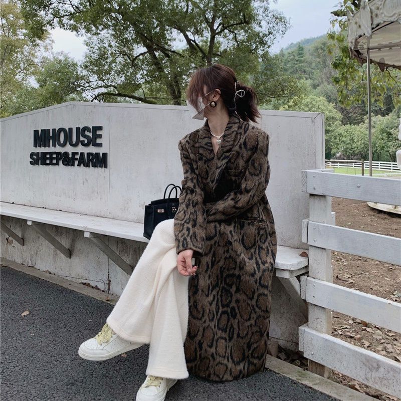 Nerazzurri Autumn Winter Long Loose Casual Leopard Print Woolen Coat Men eprolo