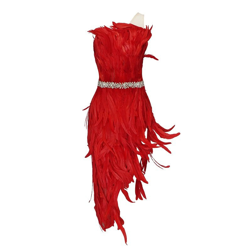 Stylish High Waist Feather Design Red Sequins Dress Sexy One Shoulder Diagonal Collar Celebrity Party Club Dress eprolo