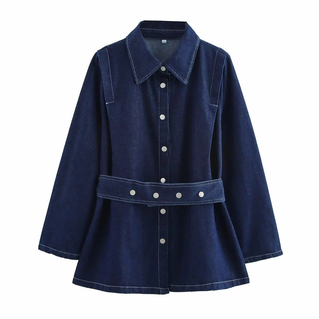 Belted Turn-Down Collar Denim Jacket Pants Set eprolo