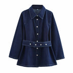 Belted Turn-Down Collar Denim Jacket Pants Set eprolo