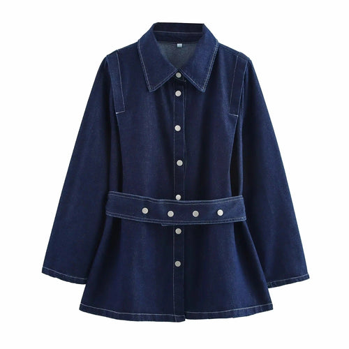 Belted Turn-Down Collar Denim Jacket Pants Set eprolo