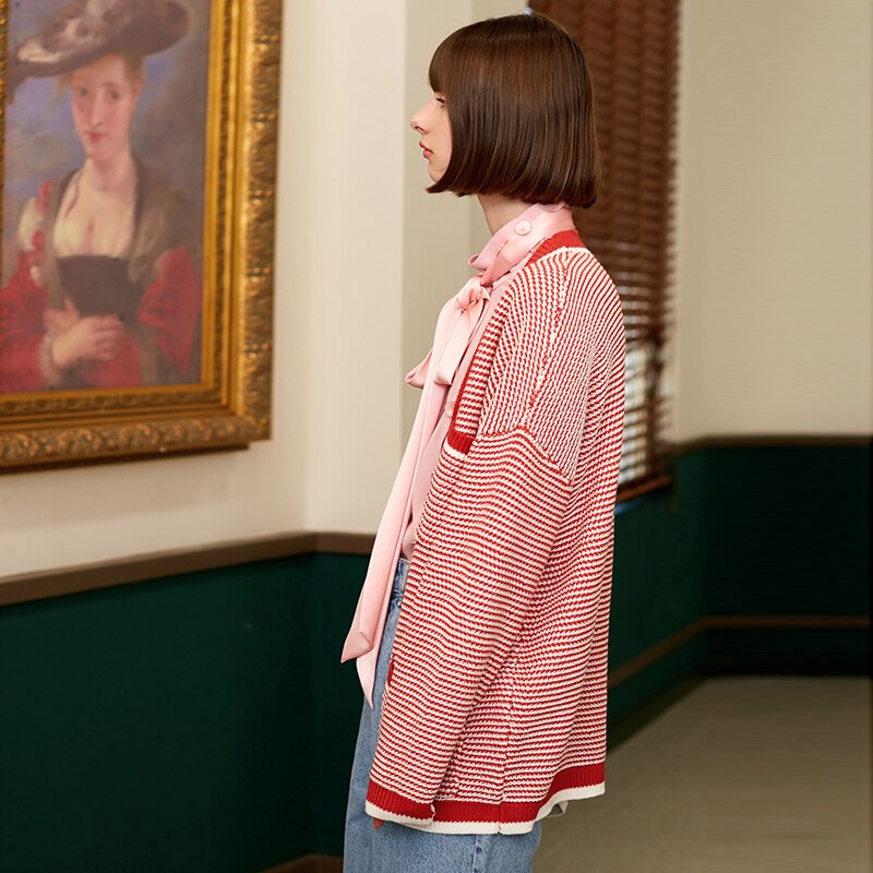 Double Woven Thickened Wool Blend Red White Color Matching Small Fragrance Knitting Cardigan Coat Women eprolo