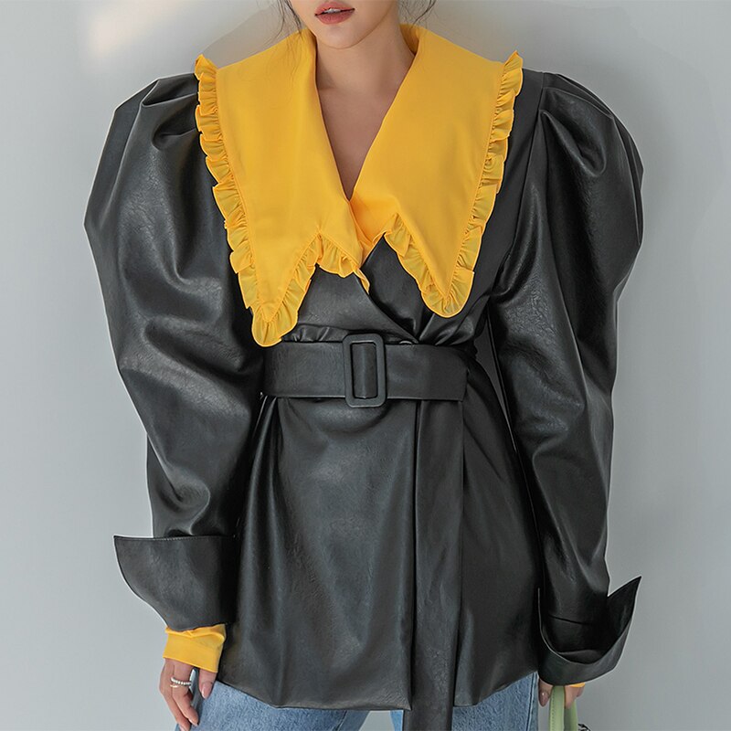 Lautaro Spring Green Pu Leather Jackets for Women with Puff Long Sleeve Belt Runway Stylish Luxury Designer Clothes eprolo
