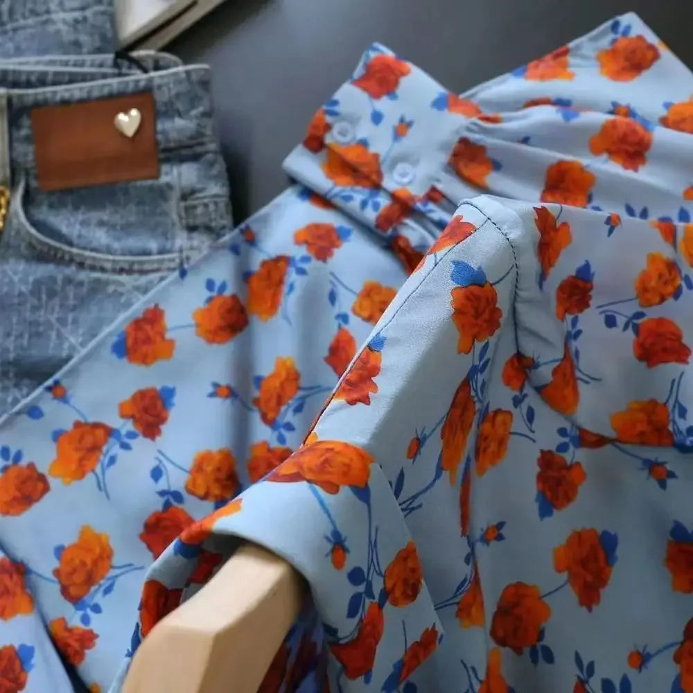 Lapel Long-sleeved Rose Print Versatile Shirt Regular Sleeve Button Splicing Elegant Cardigan VELORIA - Thread of Generations