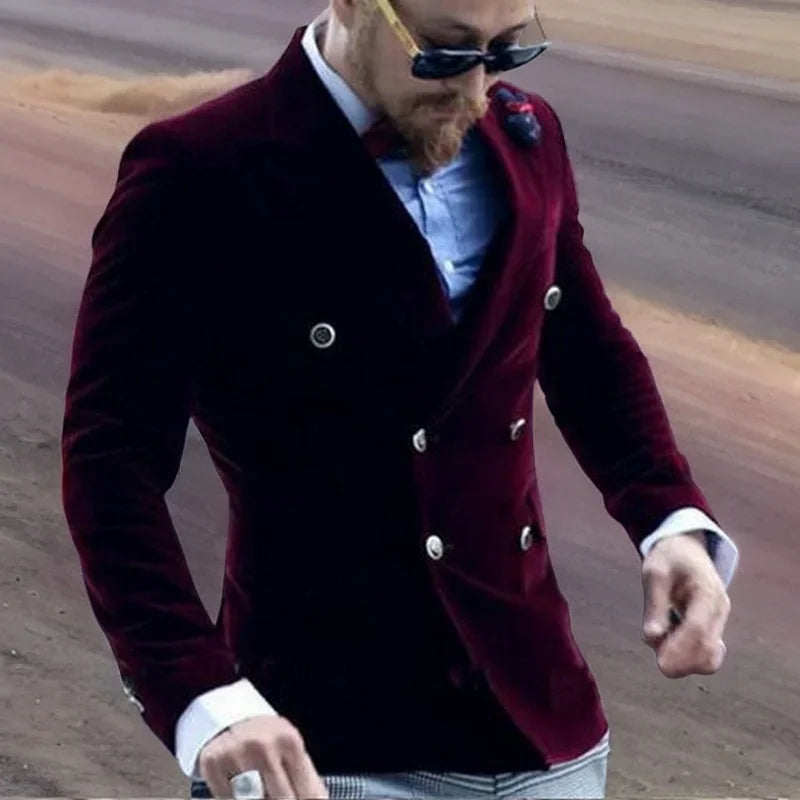 Burgundy Velvet Smoking Jacket for Men Slim Fit Double Breasted Casual Suit Blazer 1 Pcs Groom's Fashion Coat 2024 VELORIA - Thread of Generations