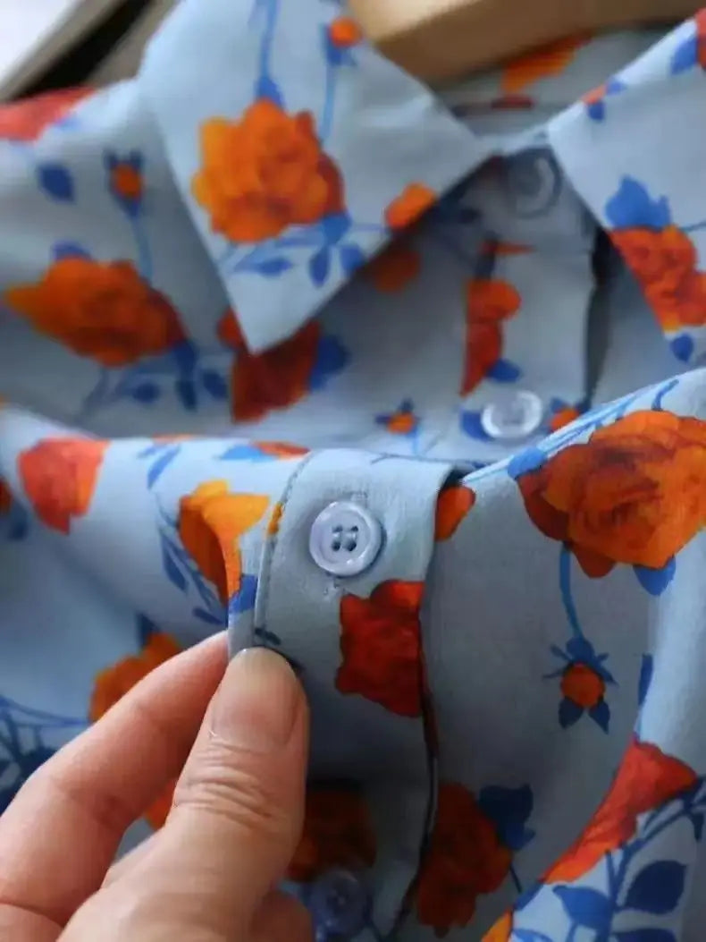 Lapel Long-sleeved Rose Print Versatile Shirt Regular Sleeve Button Splicing Elegant Cardigan VELORIA - Thread of Generations