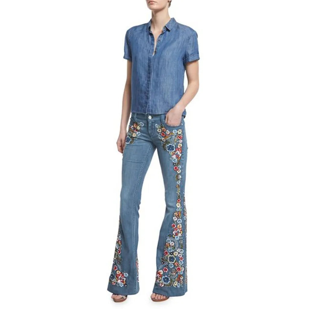Women Retro Floral Embroidered Denim Flare Pants Distressed Straight Plus Size Trousers Elegant Women Palazzo Wide Leg Jeans VELORIA - Thread of Generations