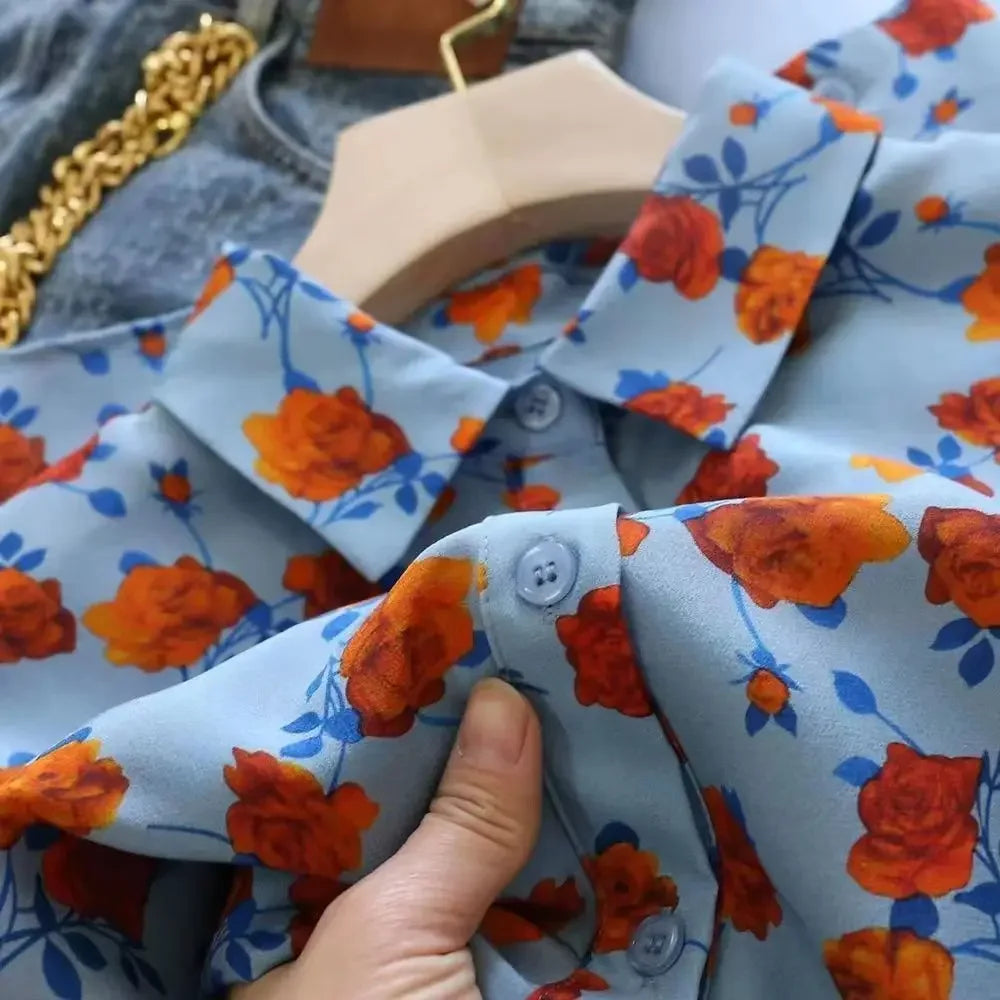 Lapel Long-sleeved Rose Print Versatile Shirt Regular Sleeve Button Splicing Elegant Cardigan VELORIA - Thread of Generations