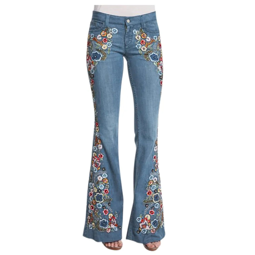 Women Retro Floral Embroidered Denim Flare Pants Distressed Straight Plus Size Trousers Elegant Women Palazzo Wide Leg Jeans VELORIA - Thread of Generations
