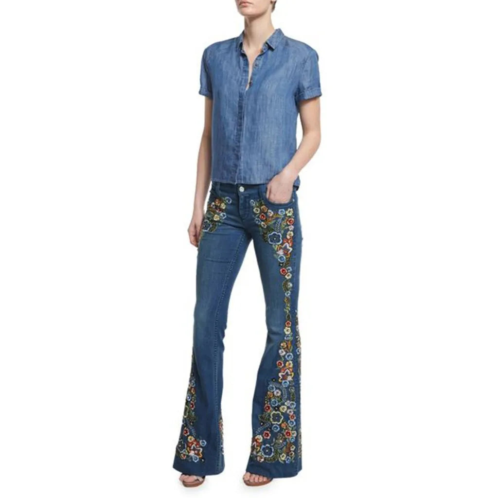 Women Retro Floral Embroidered Denim Flare Pants Distressed Straight Plus Size Trousers Elegant Women Palazzo Wide Leg Jeans VELORIA - Thread of Generations
