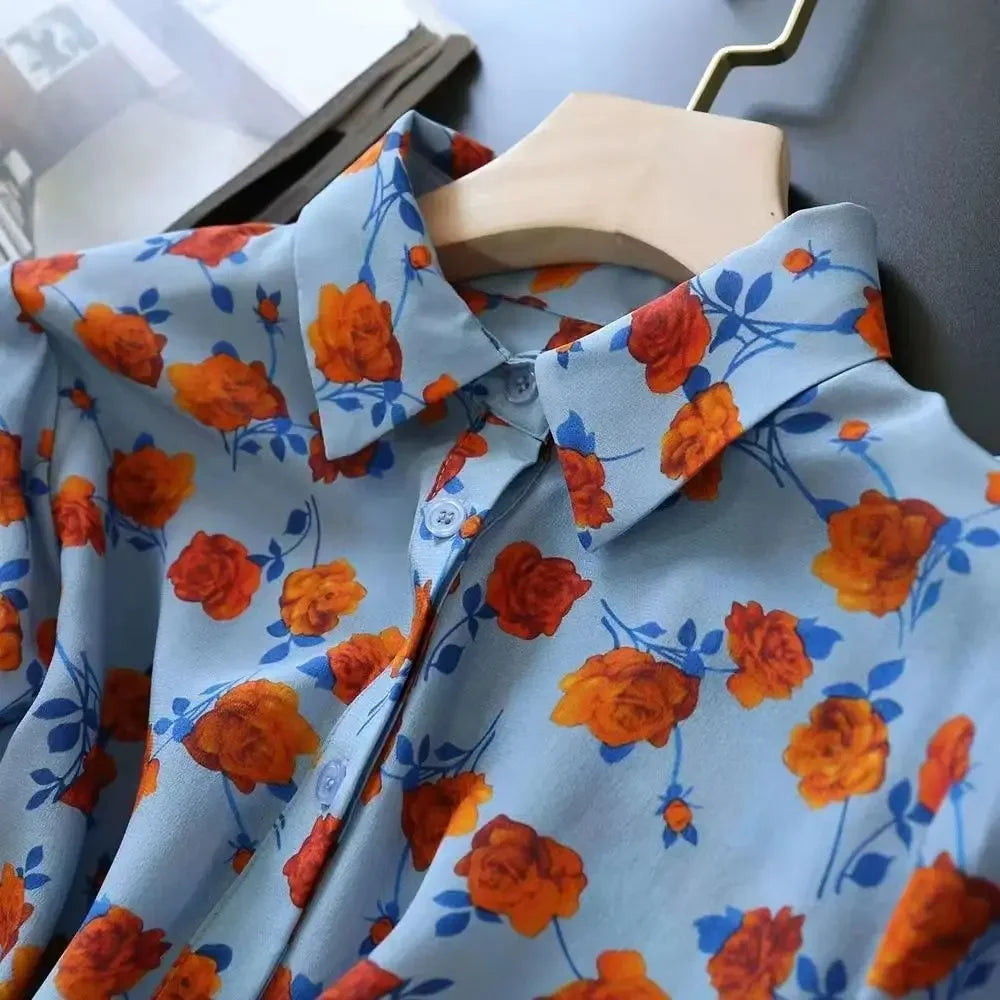 Lapel Long-sleeved Rose Print Versatile Shirt Regular Sleeve Button Splicing Elegant Cardigan VELORIA - Thread of Generations